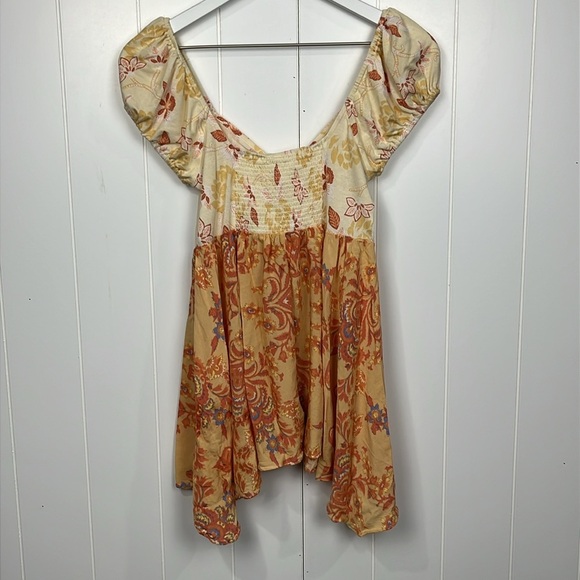 Free People Womens Top XS/S Orange/Yellow Puff Sleeves Cinch Front Keyhole Boho - Picture 8 of 10